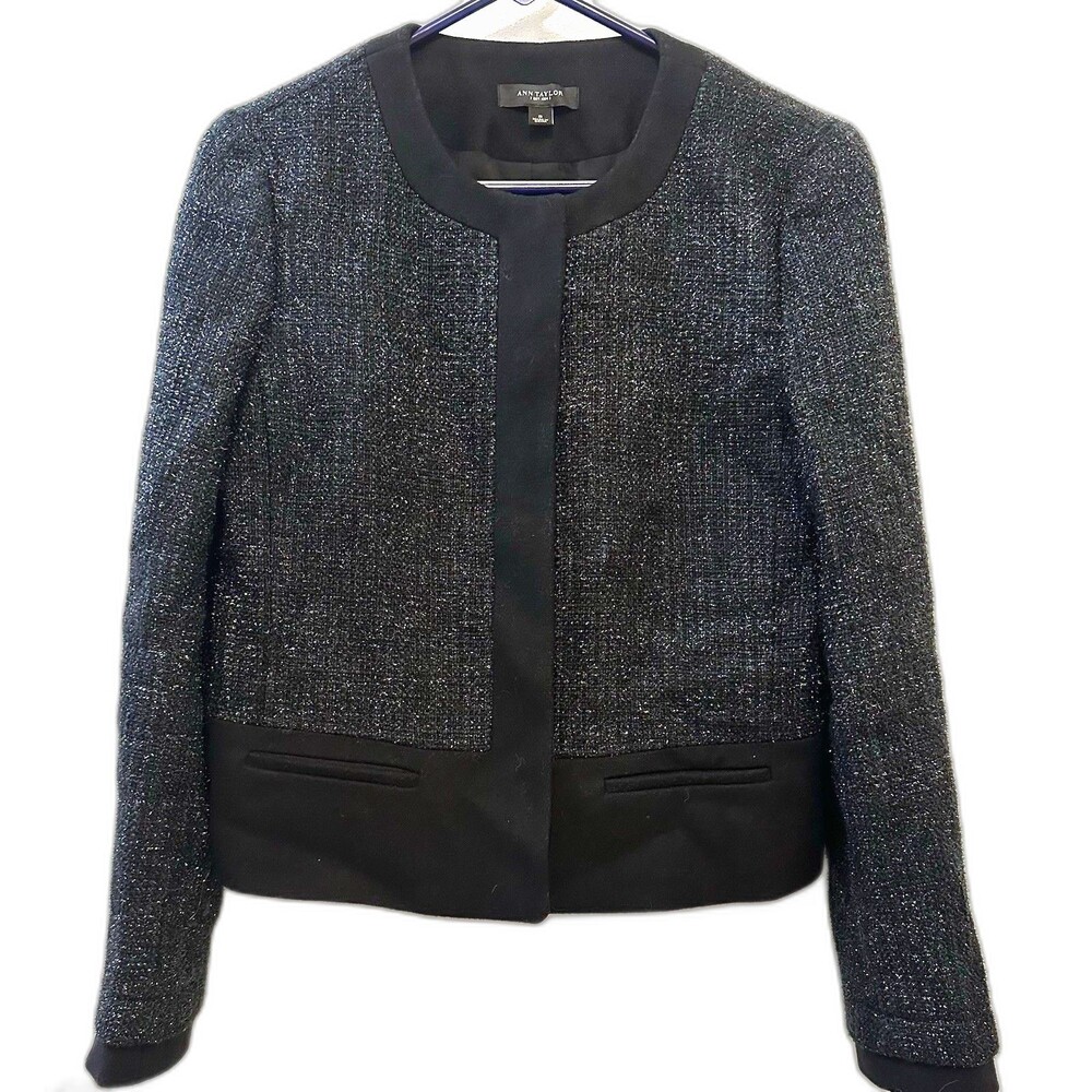 Ann Taylor Bouclé Tweed Metallic Open Front Jacket Blazer Wool Blend Black 8